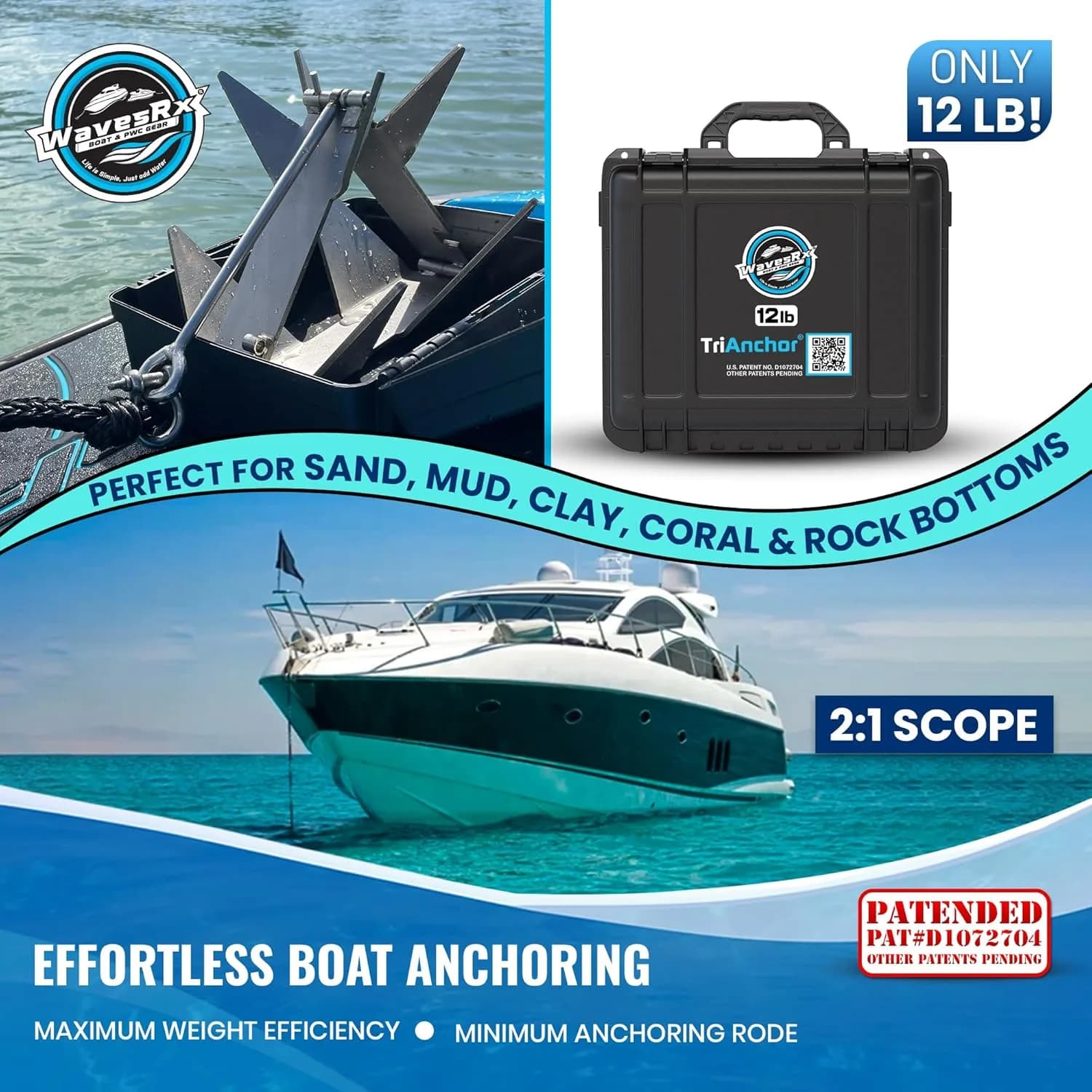 WAVESRX TriAnchor Сгъваема котва от неръждаема стомана за лодка, джет или катер, 12 lb снимка 3