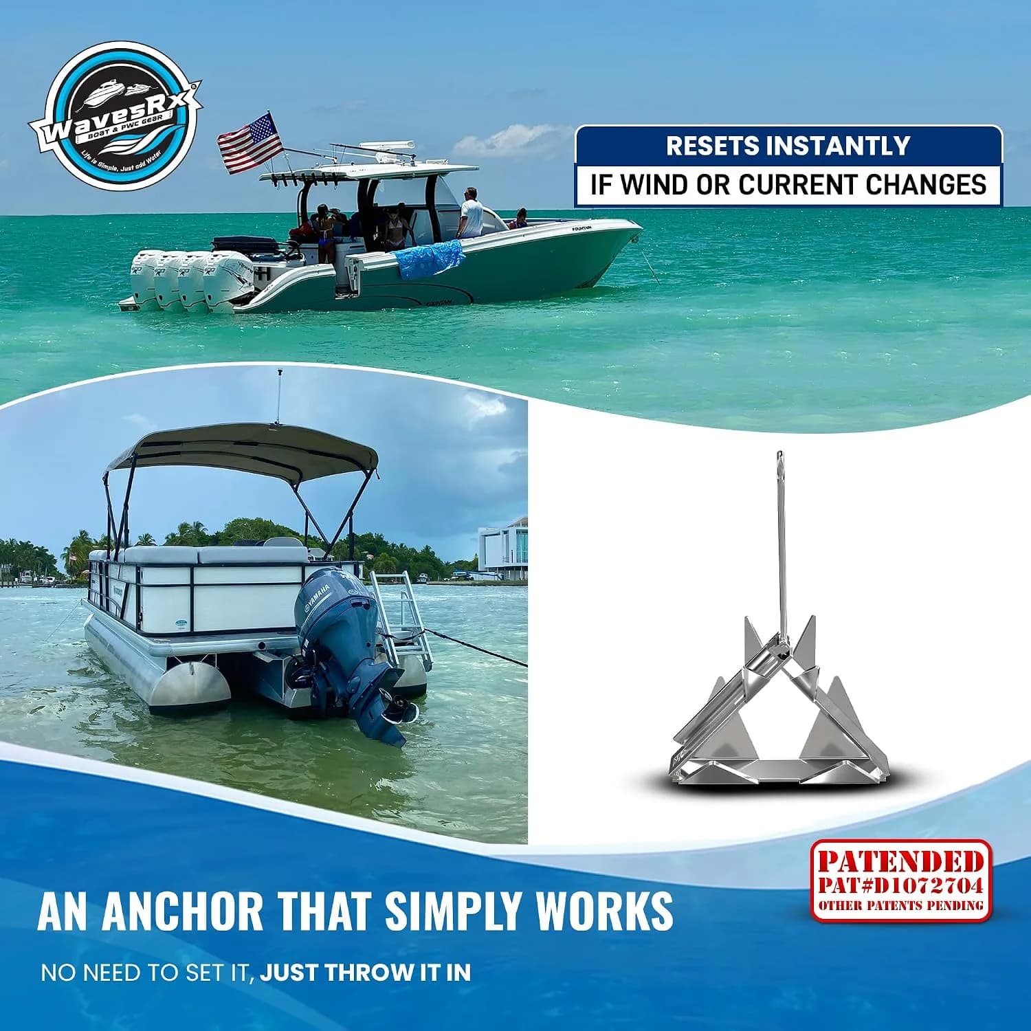WAVESRX TriAnchor Сгъваема котва от неръждаема стомана за лодка, джет или катер, 12 lb снимка 4