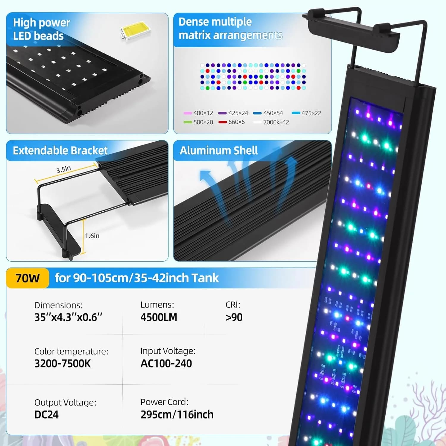 LED осветление 72 W за морски аквариум 89–107 см с контролер и таймер, за риби и коралови системи снимка 4