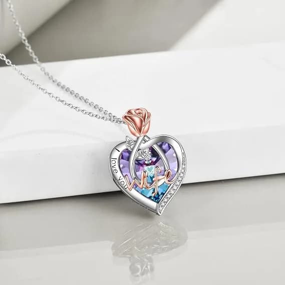 TOUPOP сребърно колие 925 с надпис „I Love You Wife“ и декоративно сърце с цветен камък снимка 3