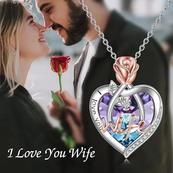 TOUPOP сребърно колие 925 с надпис „I Love You Wife“ и декоративно сърце с цветен камък снимка 4