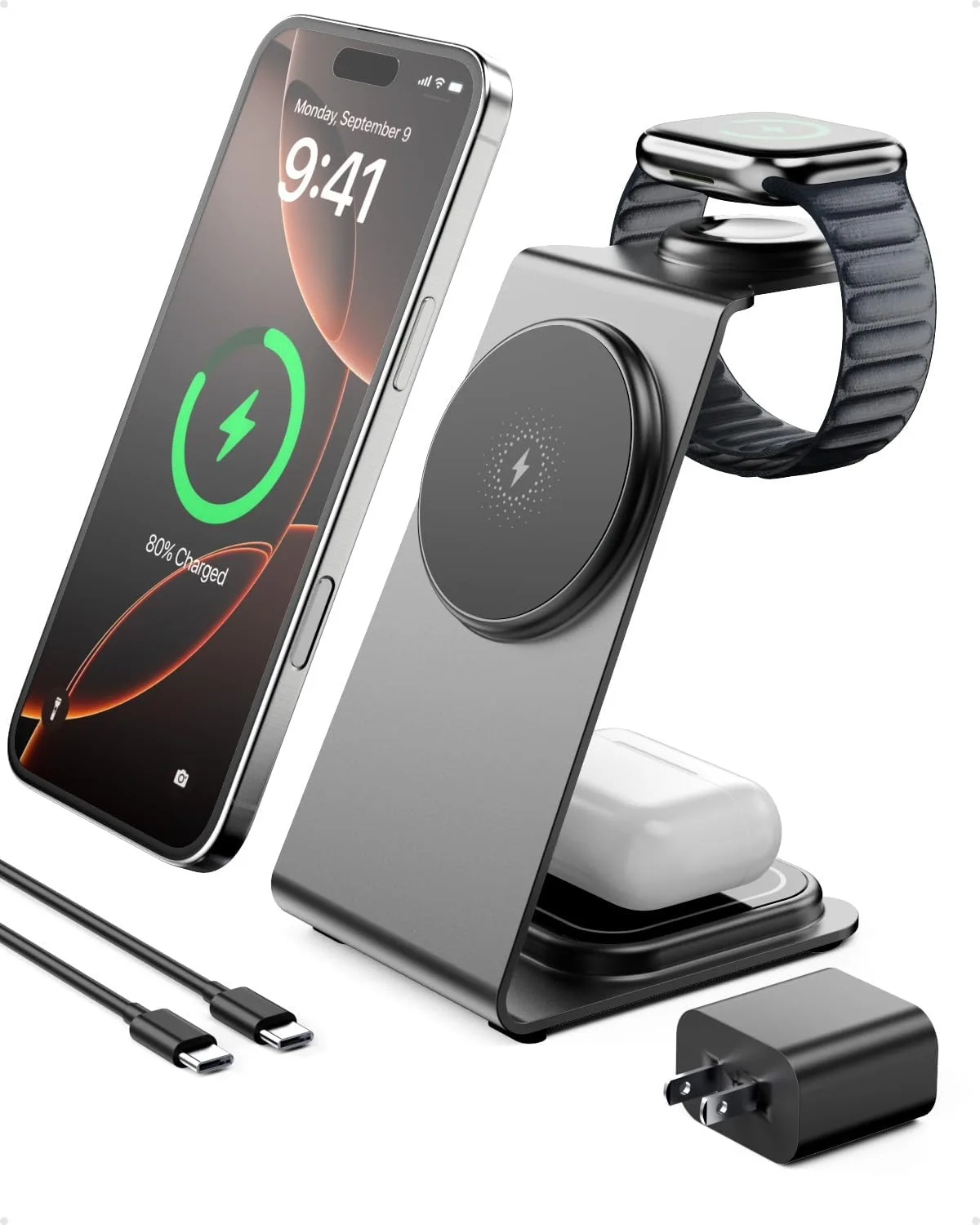 Intoval 3в1 безжична зарядна станция за iPhone, Apple Watch и AirPods (магнитно/безжично зареждане)