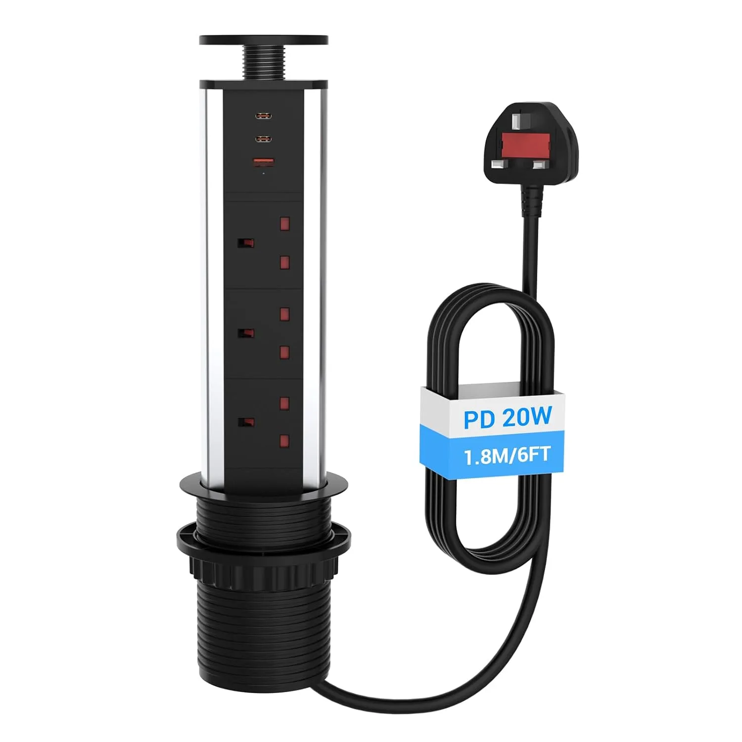 Hanstore Pop-Up разклонител с издърпващ модул, 3 гнезда и 3 порта (2x Type-C и 1x USB-A)