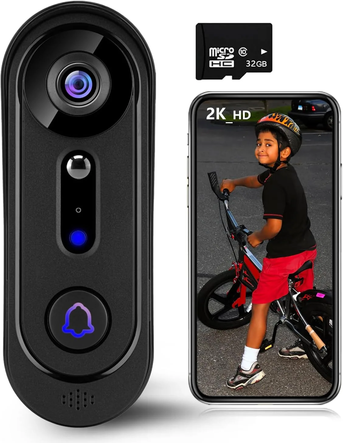2K безжична Wi-Fi видеокамера със звънец (2-посочно аудио), 32GB microSD