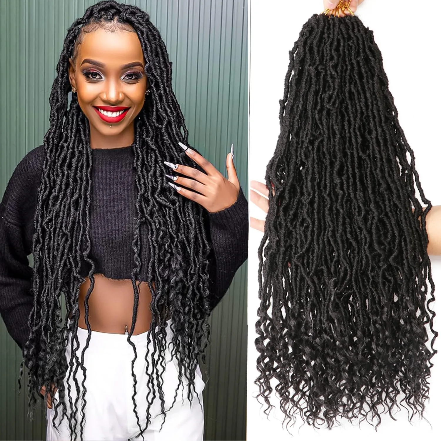 Екстеншъни за коса Faux Locs (плетени), къдри в краищата, 60 см, пакет 8 бр., цвят #1B