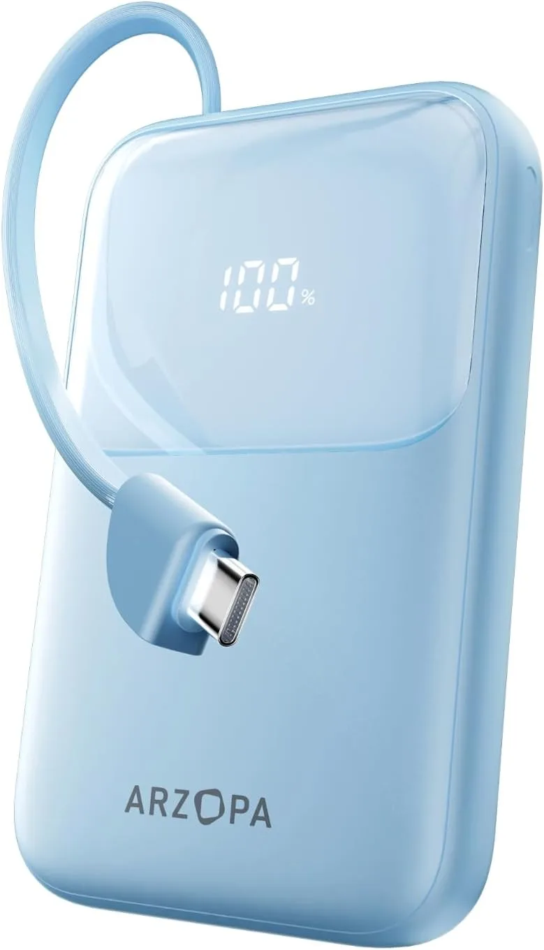 ARZOPA PB01 Power Bank 10000 mAh с вграден USB-C кабел и бързо зареждане до 22.5W