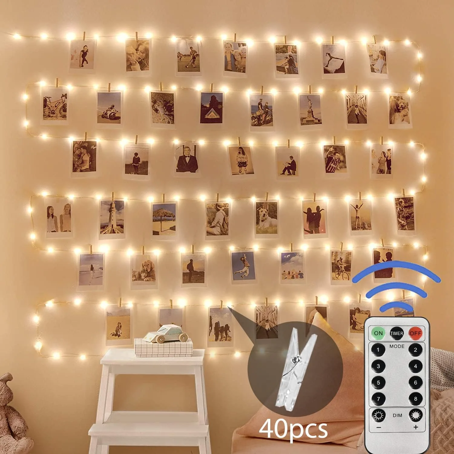 Комплект LED феерични лампички за снимки – 2 х 12 м (120 LED) с 40 щипки, дистанционно и таймер, USB захранване