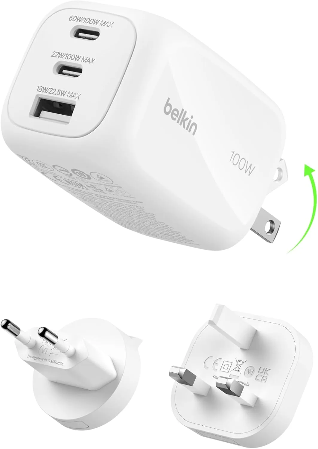 Belkin 100W GaN зарядно с 2x USB-C и 1x USB-A (3 порта)