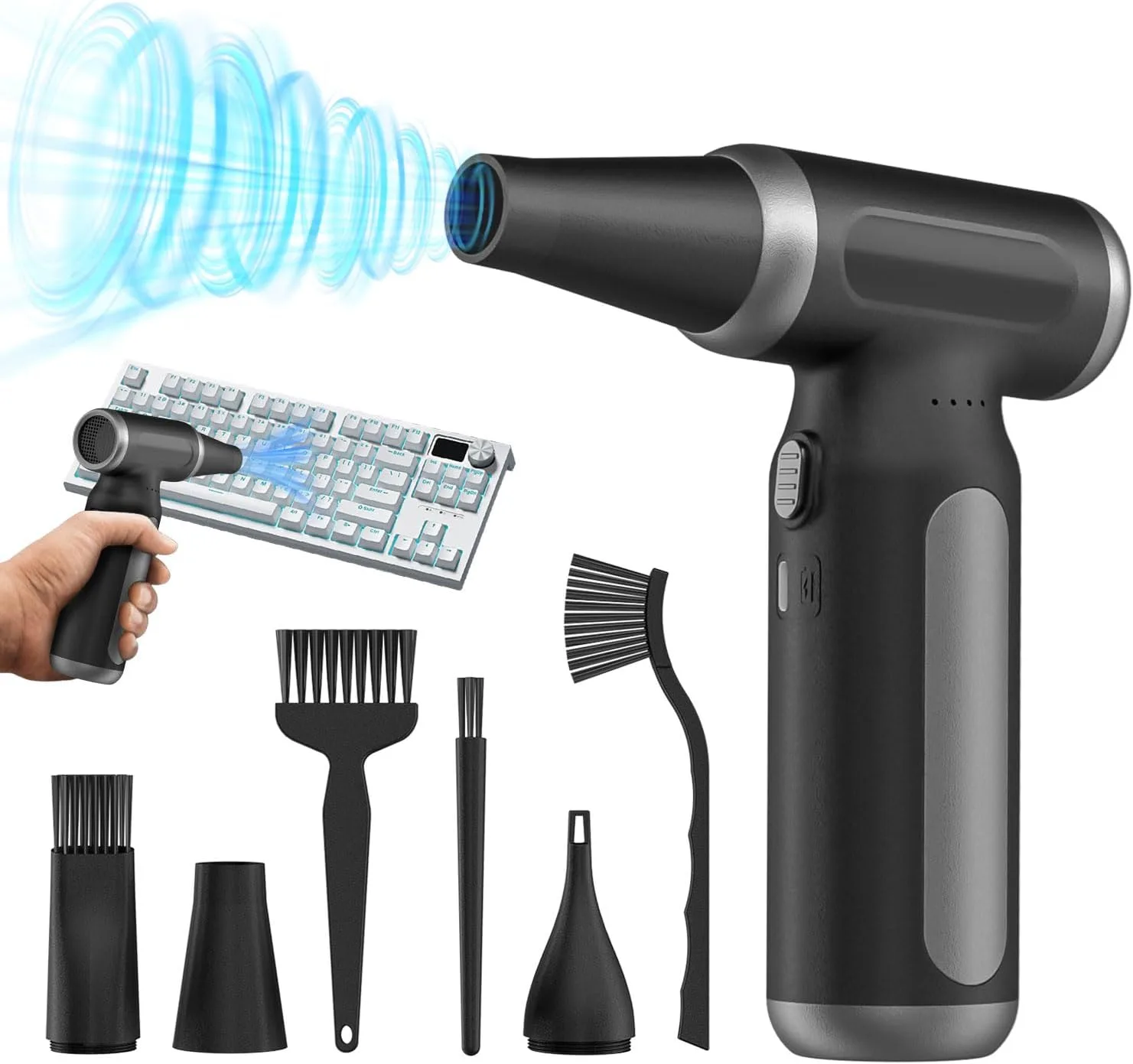 Акумулаторна пистолетна духалка за прах (jet blower) с 3 степени, USB, дюзи и четки