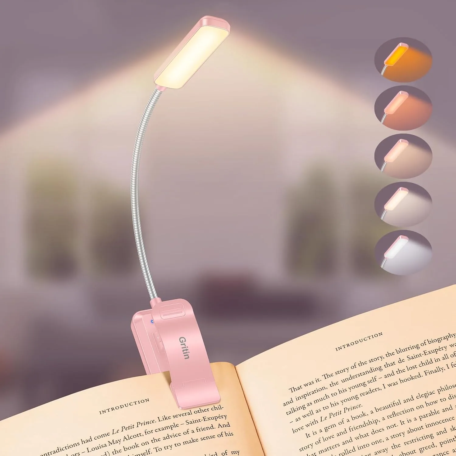 Gritin смарт LED лампа за книга с гъвкава шия, 5 нива яркост и регулиране на цветна температура