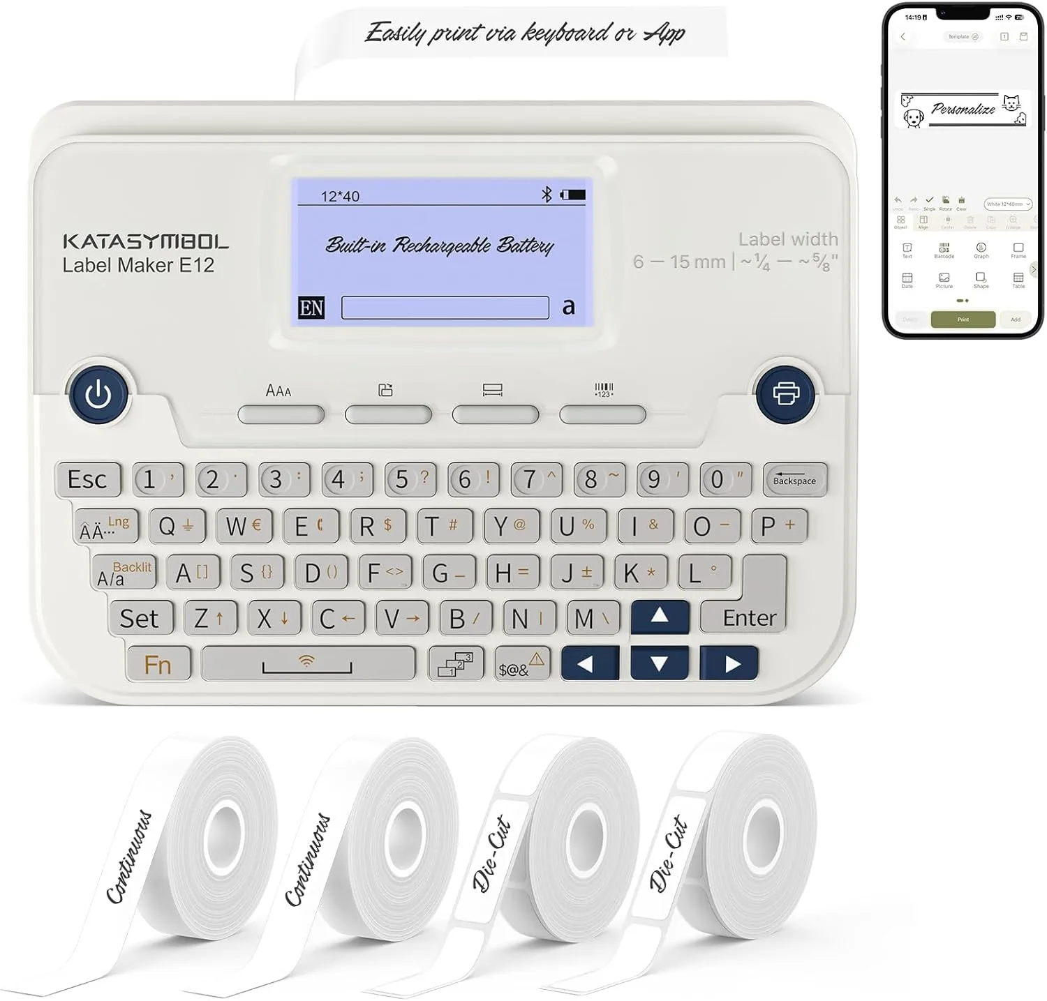 Машина за етикети SUPVAN E12, термопринтер за етикети, Bluetooth, USB-C, 4 ленти