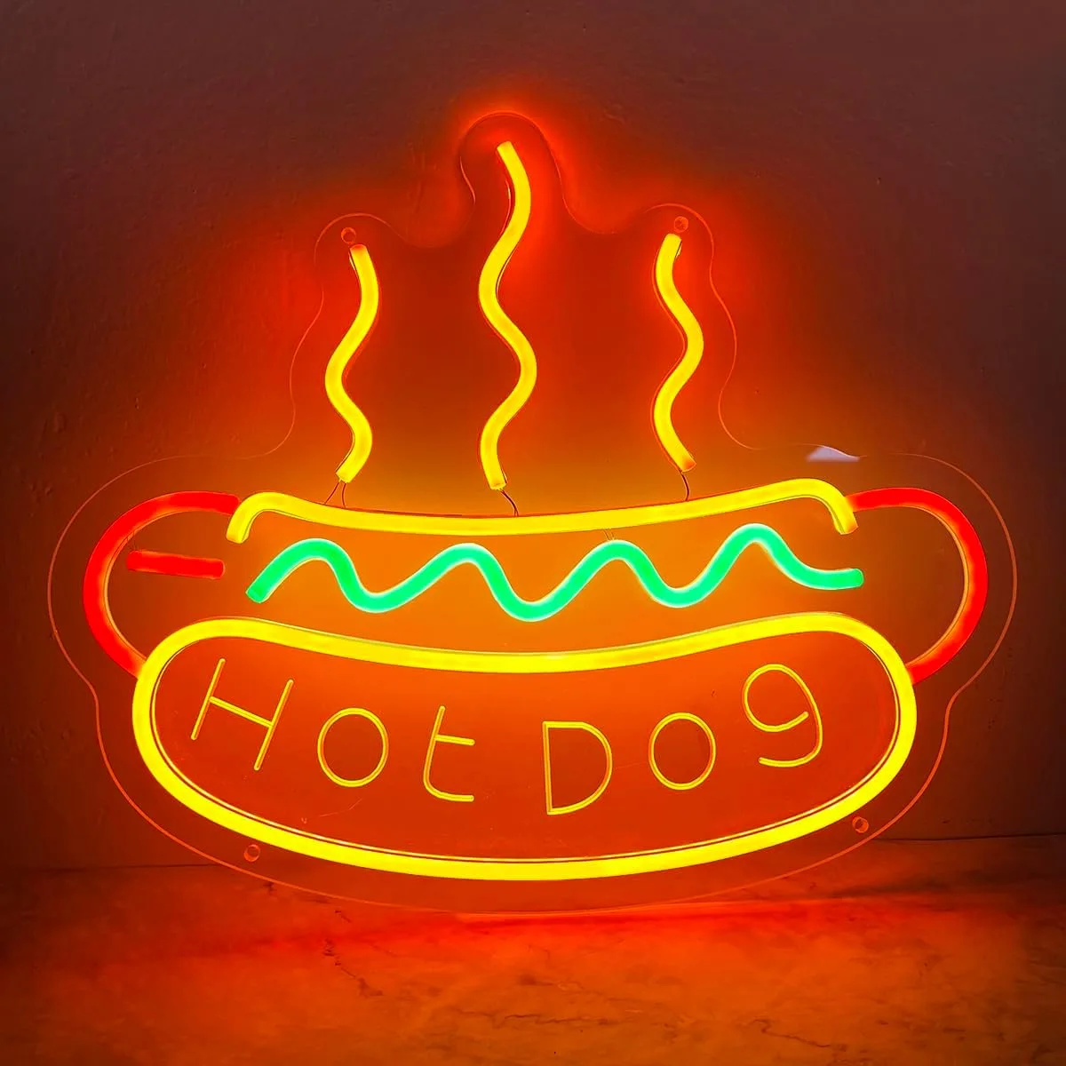 LED неонова табела „Hot Dog“ с USB, димер и окачване за стена/заведение 40×33 см