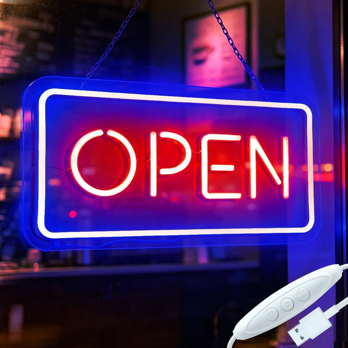 LED неонова табела „OPEN“ за търговски обекти, бар/ресторант (42 см) с верига и димер