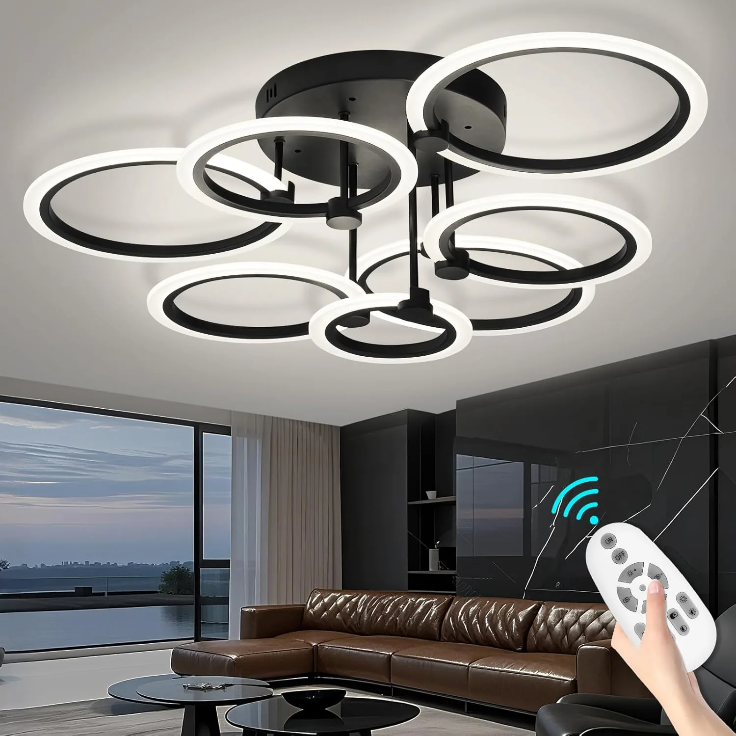 LED полилей за таван с кръгови пръстени, димиране 10–100% и дистанционно, 3000–6500K, 80 см