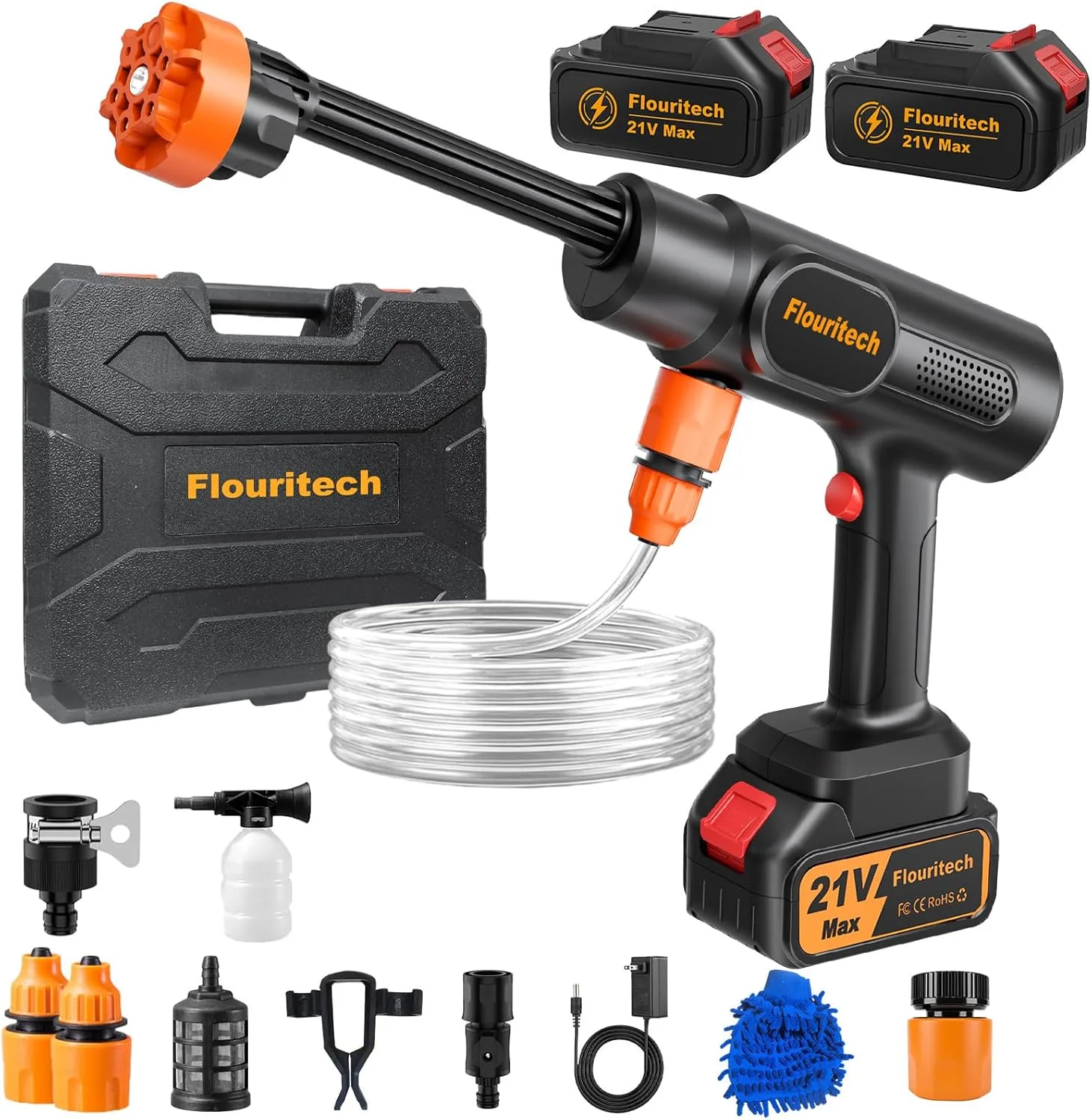 Безжична водоструйка Flouritech 21V Max, 1200 PSI с 2 батерии, маркуч и дюзи за почистване на автомобил, тераса и градина