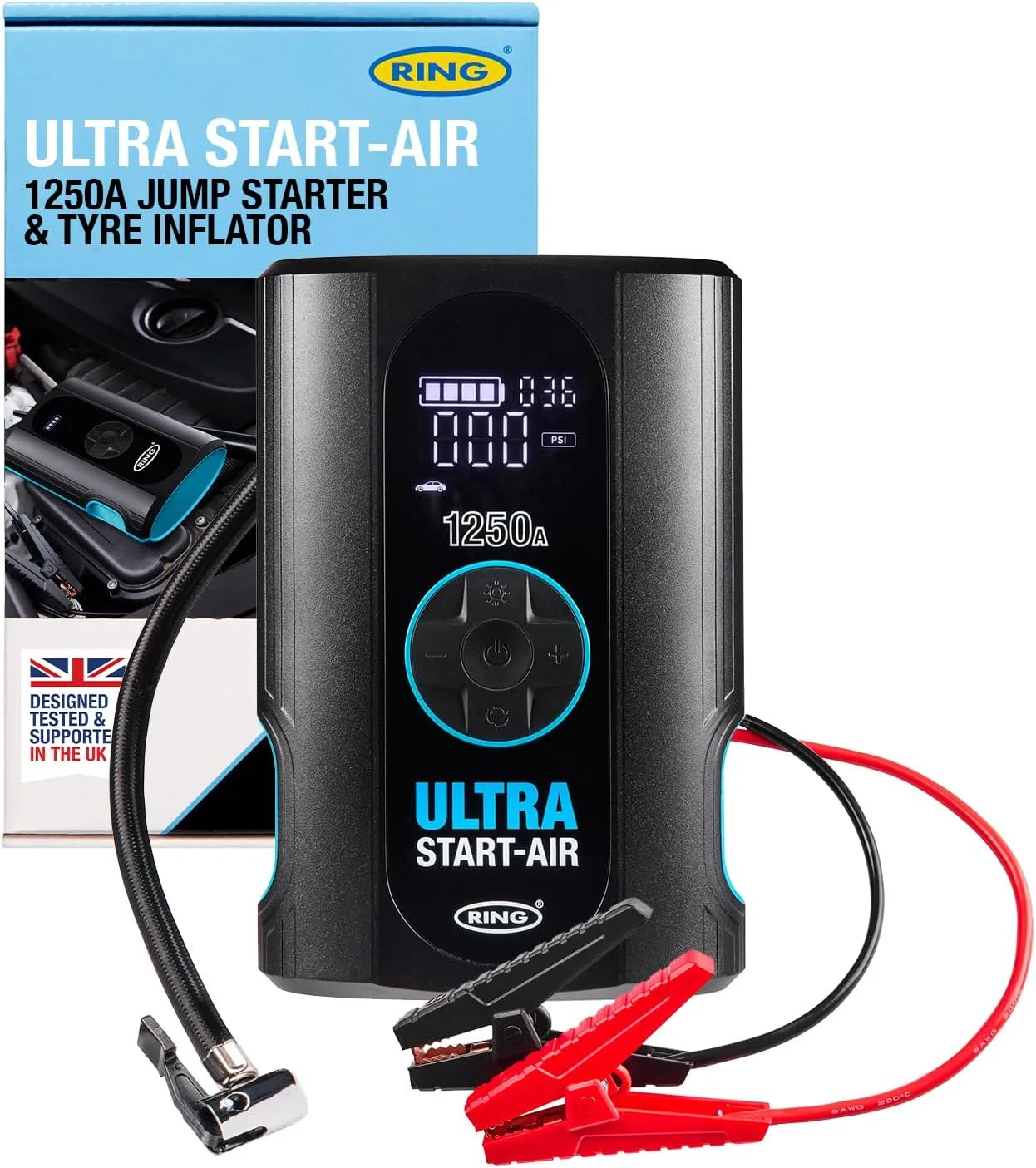 RING ULTRA START-AIR 1250A джъмп стартер Jump starter и помпа за гуми (RJST1030) с LED фенер и SOS