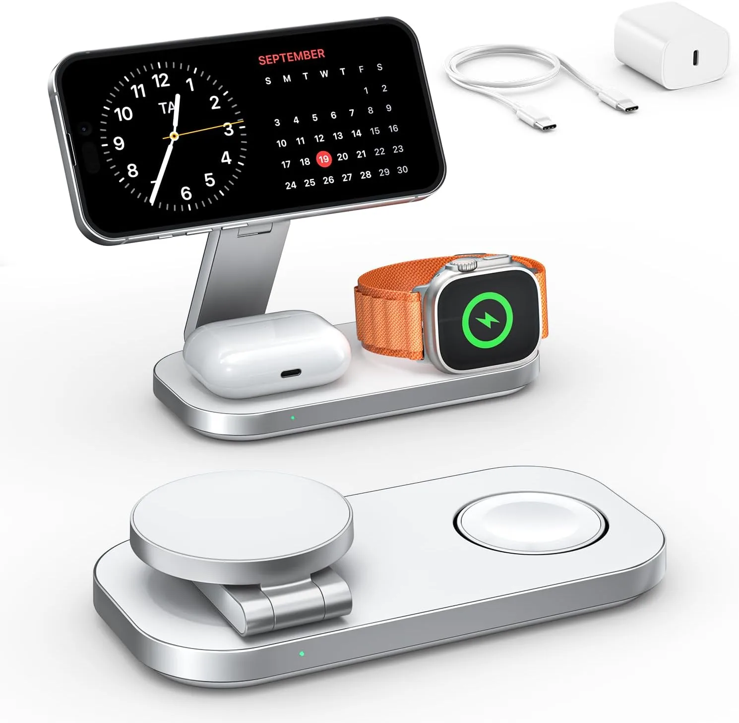 3-в-1 магнитна безжична зарядна станция за Apple устройства (iPhone, AirPods, Apple Watch)