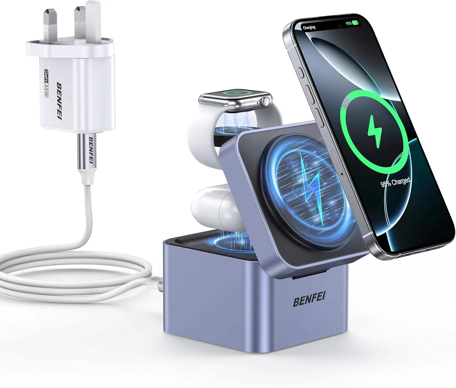 Сгъваема магнитна безжична зарядна станция BENFEI 3-в-1 за iPhone, Apple Watch и AirPods