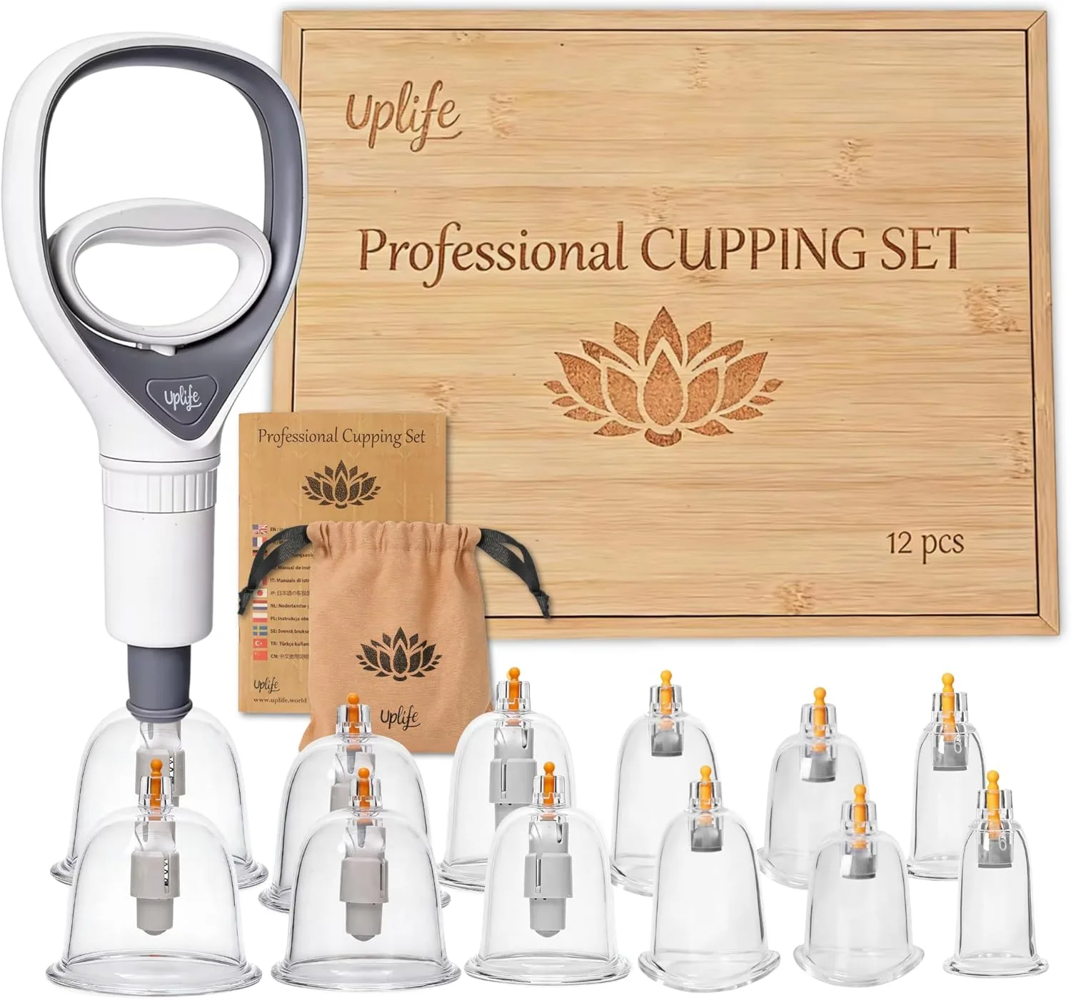 Комплект за медицински cupping (вакуумни чаши) Uplife Premium, 12 поликарбонатни чаши