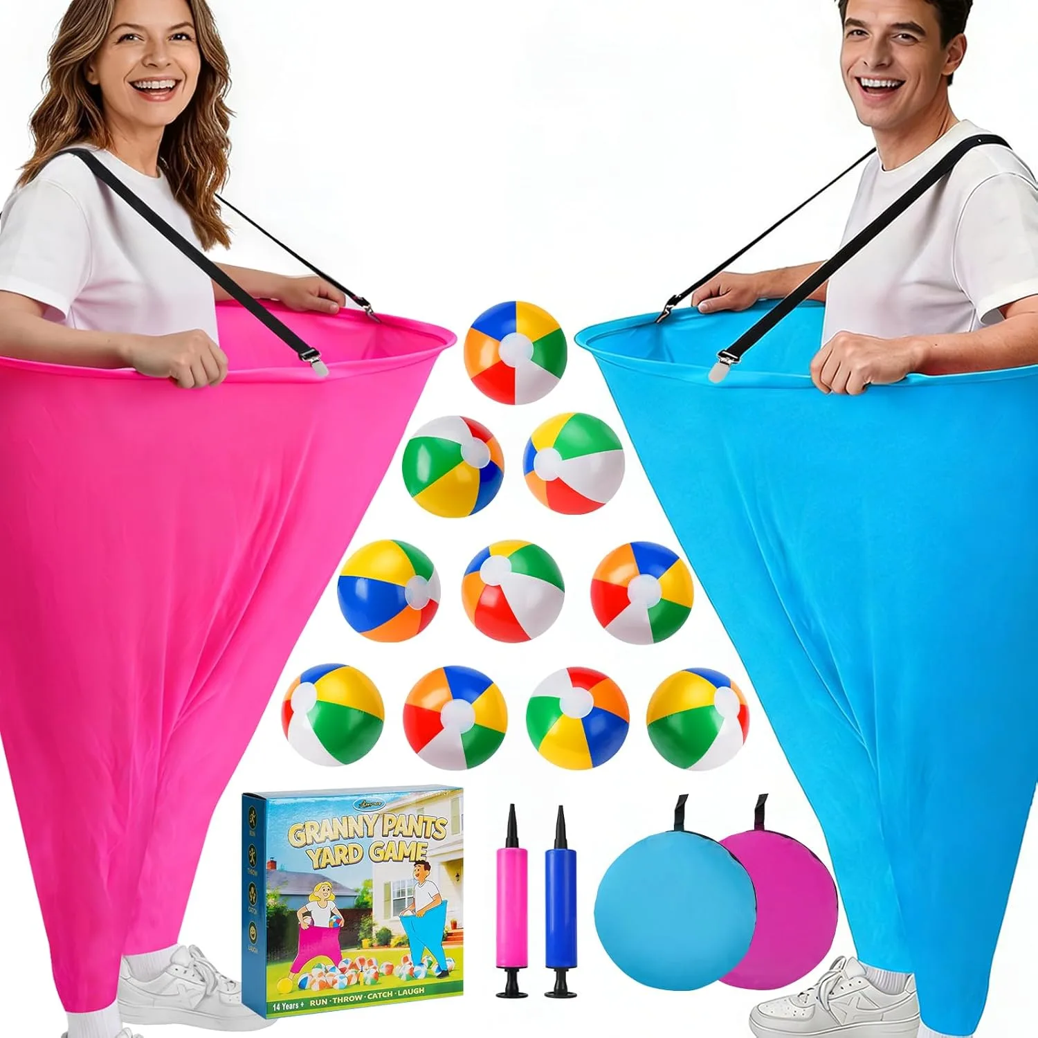 Комплект „Granny Pants Yard Game“ – 2 големи бабини панталони, 10 надуваеми топки и 2 помпи