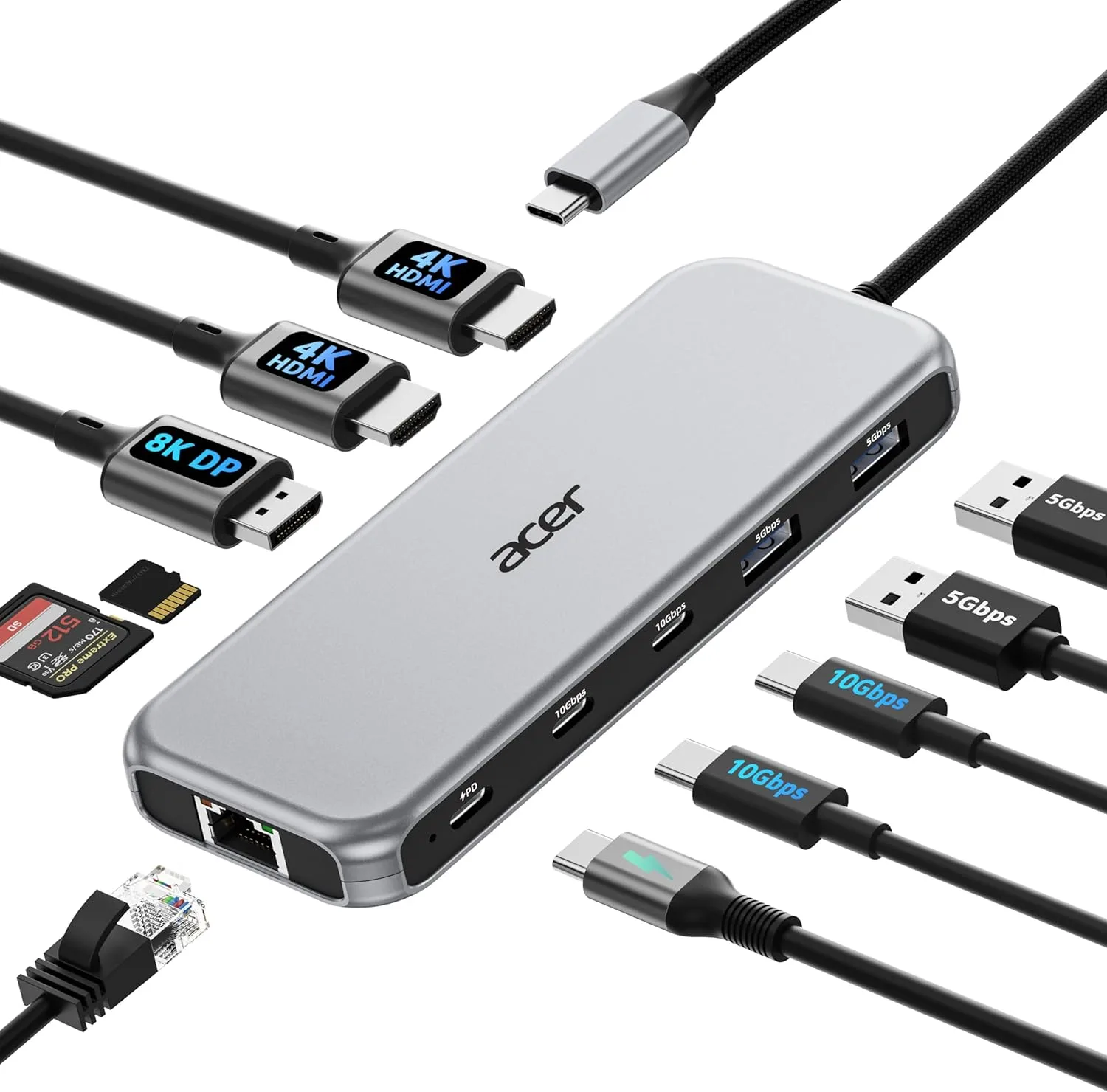 Acer 11-в-1 USB-C докинг станция с тройно видео изходи (HDMI/DP) и 100W PD зареждане