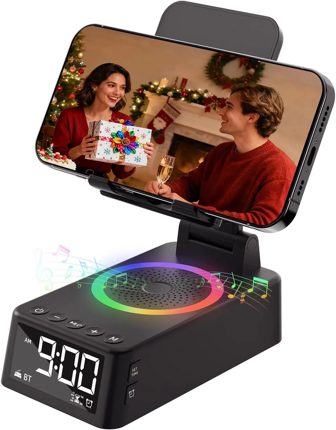 Bluetooth будилник с поставка за телефон, RGB светлини и машина за успокояващи звуци (6 в 1)