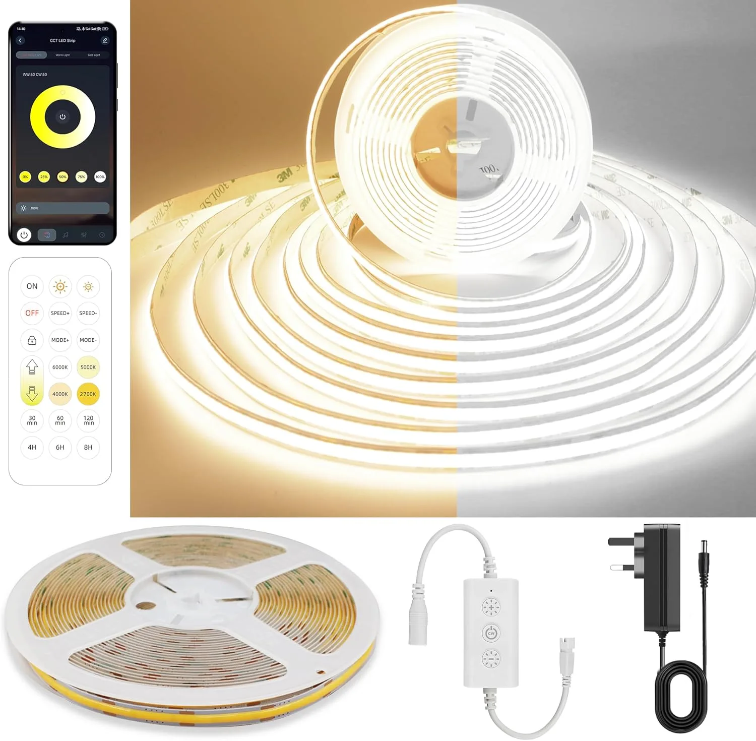COB LED лента 3 метра, 24V, 2700K–6500K, 8 мм, CRI90+ – смарт контрол, димиране 0–100%
