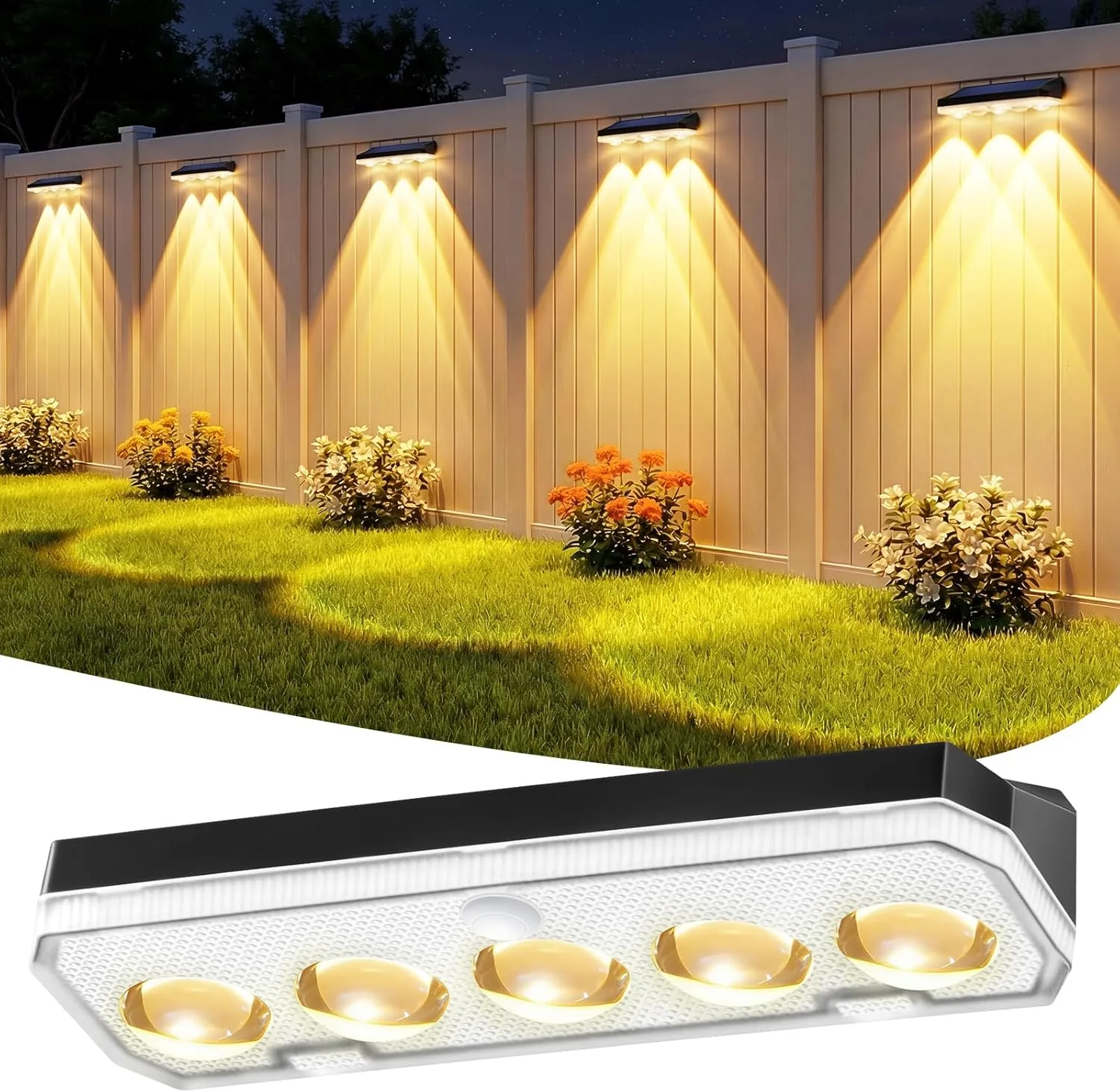 Соларни LED осветителни тела за огради/фасади (соларен сензор, IP65, RGB + бяло, 5 лещи) – 1 брой
